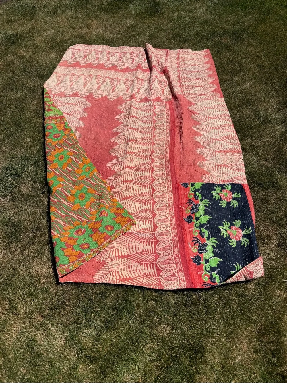 Colorful Vintage Kantha Quilt Throw - Coral, Green, Navy